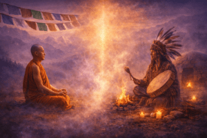 Monje budista tibetano con túnica naranja meditando frente a banderas de oración y montañas, frente a un chamán indígena con plumas y tambor junto a un fuego ceremonial y un temazcal; una franja de niebla y luz dorada los une.