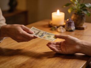 Manos intercambiando dinero en una consulta de terapia espiritual representando un intercambio energético justo entre sanador y cliente.