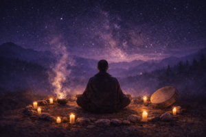 Persona meditando de noche sentada en el suelo dentro de un círculo de piedras, rodeada de velas encendidas, con un tambor a un lado y humo blanco elevándose hacia un cielo estrellado con la vía láctea y montañas al fondo.