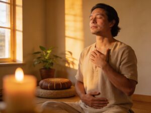 Sanador en meditación con una mano en el corazón conectando con su alma y su propósito de sanación espiritual.