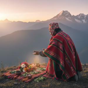  chamán andino haciendo una ofrenda a la tierra