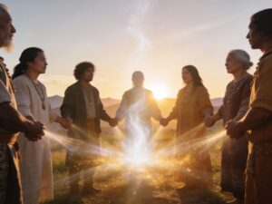 Imagen: grupo de sanadores en círculo con luz central