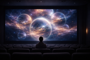 Persona sentada en una sala de cine observando en la pantalla múltiples universos luminosos superpuestos, simbolizando la ficción como reflejo de realidades y líneas temporales.