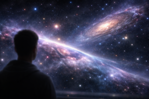 Silueta humana observando galaxias y nebulosas en el espacio profundo, simbolizando la relación entre el cosmos y la realidad.