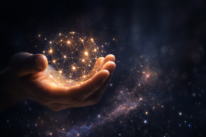 Mano humana sosteniendo una red cósmica luminosa, simbolizando la conciencia creadora y el orden del multicosmos.
