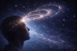 Perfil humano con una espiral de luz que emerge de la cabeza hacia un cielo estrellado, simbolizando la conciencia atemporal.
