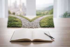 Cuaderno abierto y bifurcación de dos caminos sobre una mesa, simbolizando la elección consciente y la creación de nuevas líneas temporales.
