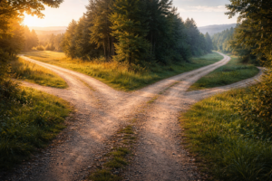 Camino natural que se bifurca en varias direcciones con distintas luces, simbolizando las líneas temporales y las decisiones de vida.