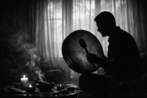 Hombre en silueta tocando un tambor chamánico frente a ventanales, en una escena íntima y espiritual en blanco y negro.