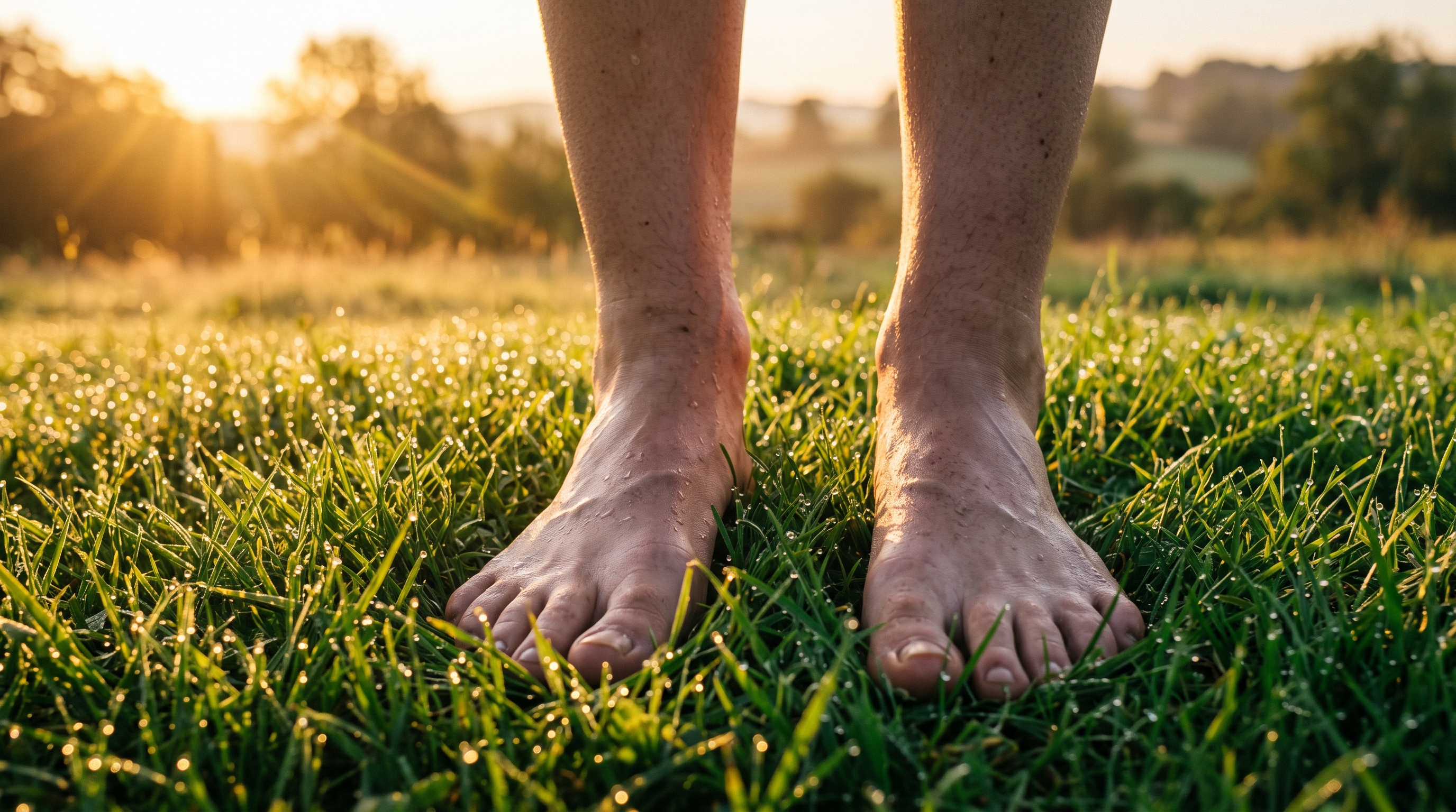 Pies descalzos sobre la hierba al amanecer: higiene circadiana, grounding y luz solar matinal