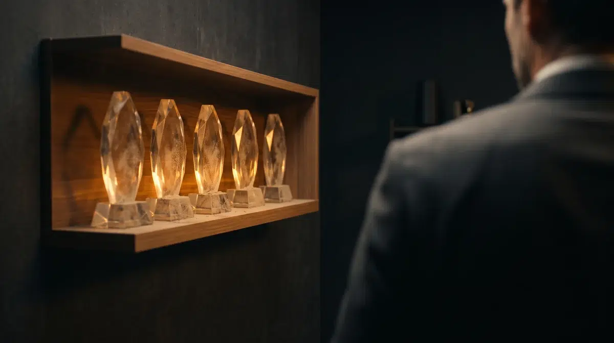 Estantería de premios de cristal cubiertos de polvo mientras alguien pasa sin mirarlos, saturación del sistema de recompensa